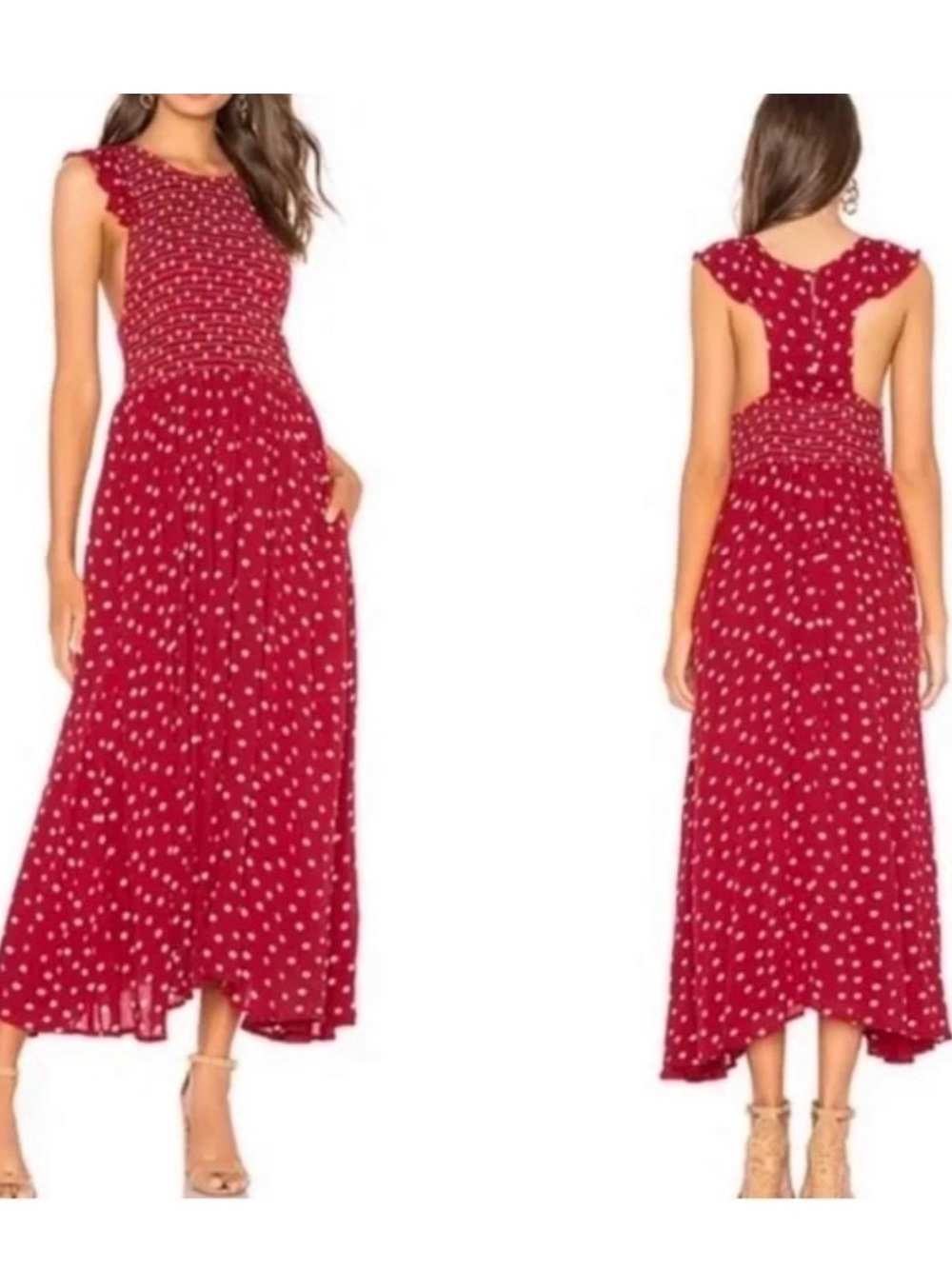 Free People Chambray Butterflies Midi Dress Red Polka Dot Open Back S
